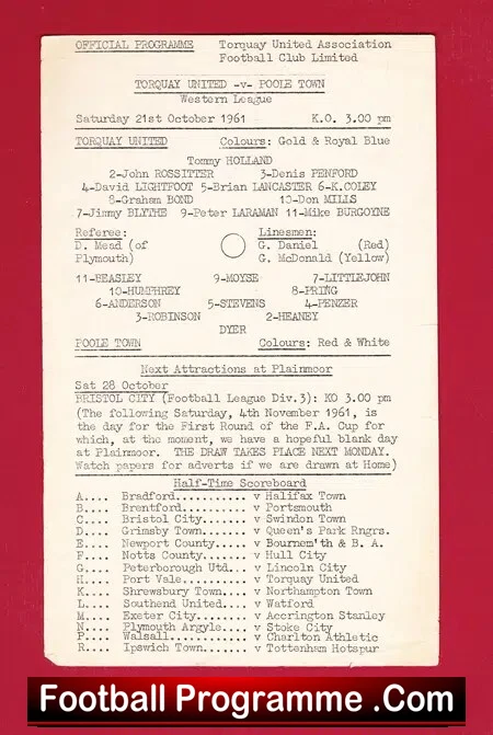 Torquay United v Poole Town 1961 – Single Sheet Issue