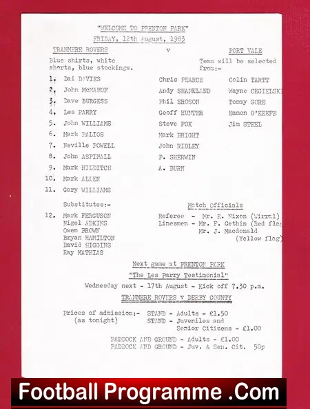 Tranmere Rovers v Port Vale 1983 – Single Sheet