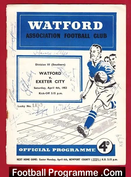 Watford v Exeter City 1953 - Multi Signed Autographed