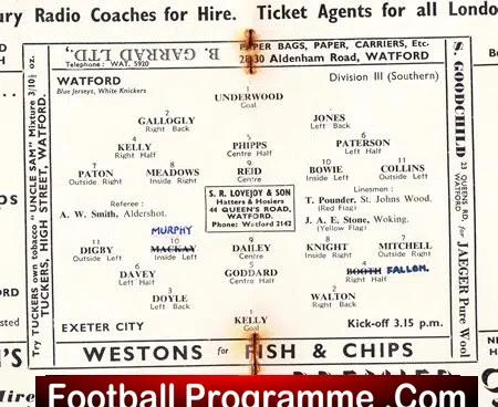 Watford v Exeter City 1953 - Multi Signed Autographed