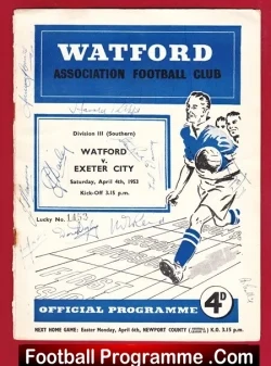 Watford v Exeter City 1953 - Multi Signed Autographed - football programme