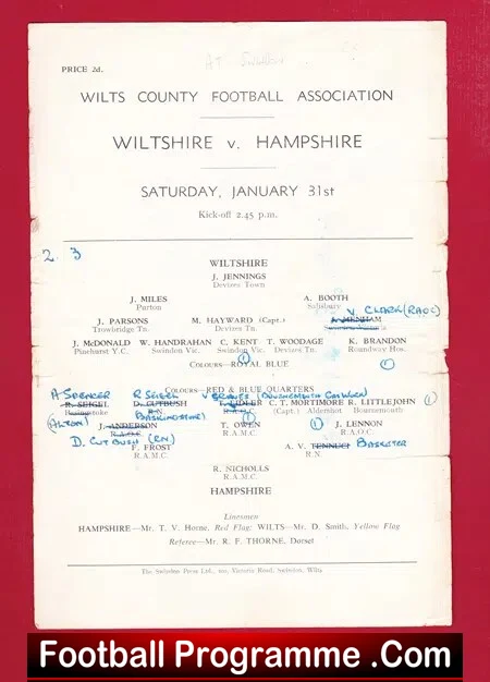 Wiltshire v Hampshire 1960s - at Swindon - Single Sheet
