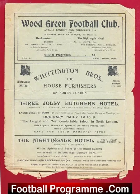 Wood Green v Sutton Court 1921 – 1920’s Football Programme