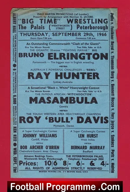 Wrestling Poster Elrington v Hunter – Palais Peterborough 1966