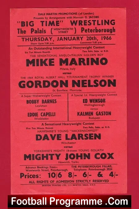 Wrestling Poster Marino v Nelson – Palais Peterborough 1966
