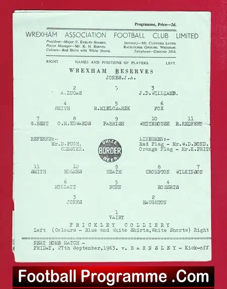 Wrexham v Frickley Colliery 1963 - Reserves Single Sheet Issue