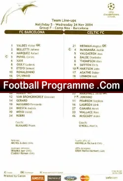 Barcelona v Glasgow Celtic 2004 – Team Sheet