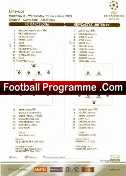 Barcelona v Newcastle United 2002 – Team Sheet