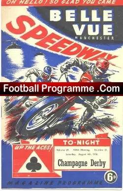 Belle Vue Speedway Programme 1956 Champagne Derby Signed