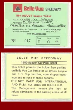 Belle Vue Speedway Season Ticket + Car Park Pass 1980