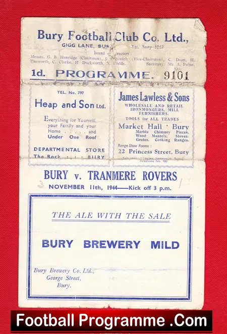 Bury v Tranmere Rovers 1944 – Old 1940s Football Programme
