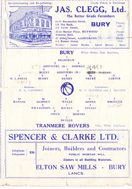 Bury v Tranmere Rovers 1944 - Old 1940s Football Programme