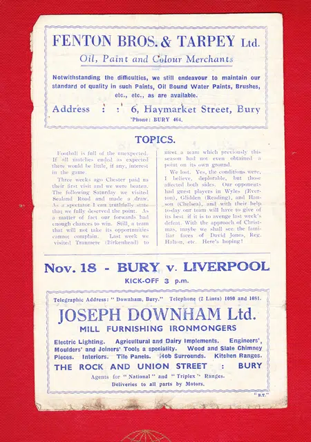 Bury v Tranmere Rovers 1944 - Old 1940s Football Programme