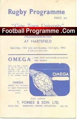 Capetown University Rugby v Matabeleland 1945 Bulawayo Zimbabwe