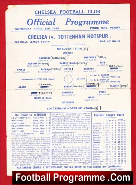 Chelsea v Tottenham 1944 – War time Programme