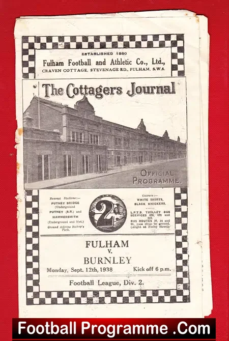 Fulham v Burnley 1938 – old 1930’s Programme