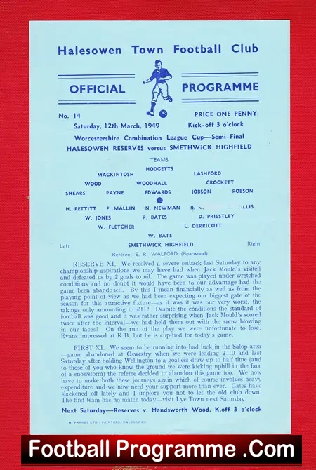 Halesowen Town v Smethwick Highfield 1949 – Reserves Match