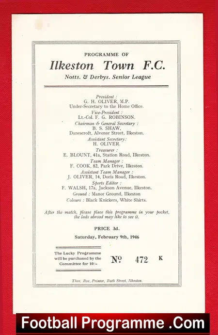 Ilkeston Town v Nottingham Forest 1946 – Reserves Match