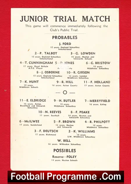 Junior Trials Match Probables v Possibles late 1940’s