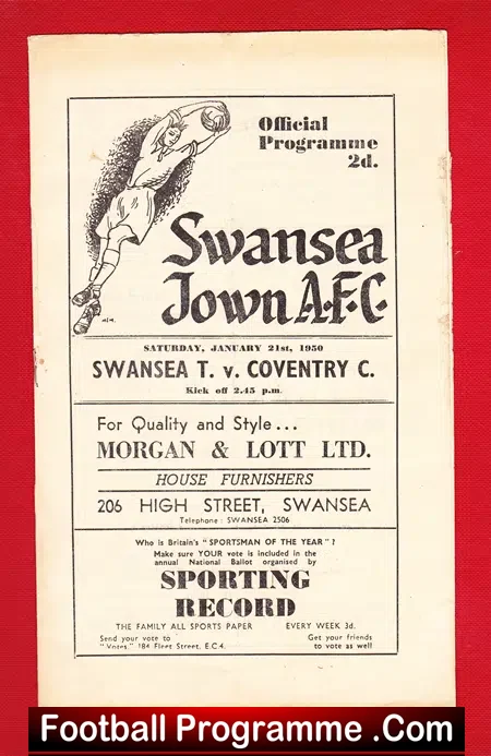 Swansea Town v Coventry City 1950 – Signed Autograph