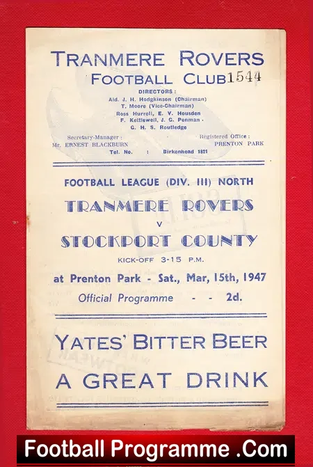 Tranmere Rovers v Stockport County 1947 – 1940s Programme