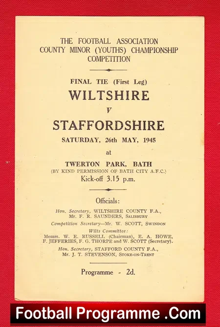 Wiltshire v Staffordshire 1945 – Youth Match at Bath City