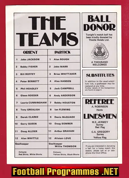 Orient v Partick Thistle 1976 - Anglo Cup Semi Final