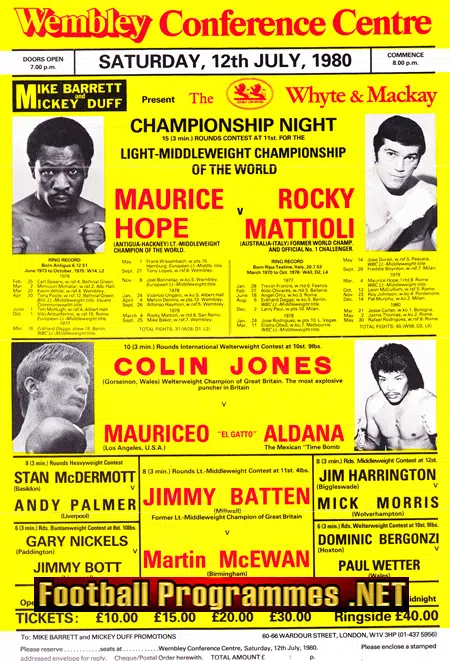 Boxing – Hope v Mattioli & Jones v Aldana 1980 – Wembley Poster