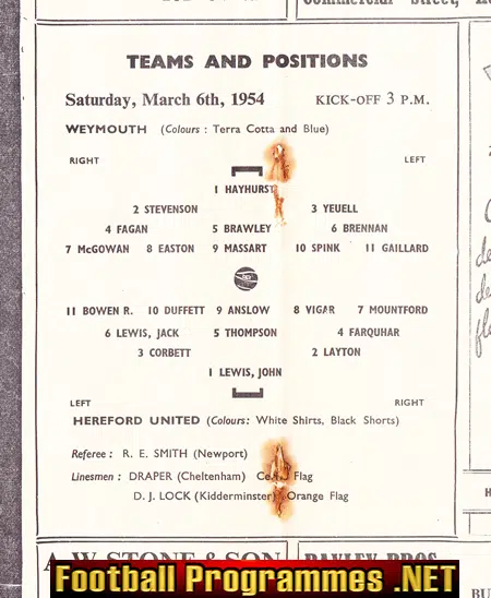 Hereford United v Weymouth 1954