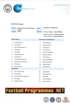 Manchester City v Manchester United 2015 – Team Sheet Under 18