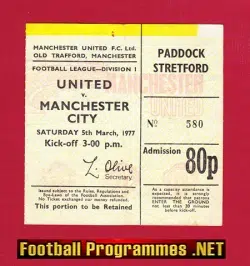 Manchester United v Manchester City 1977 - Football Ticket
