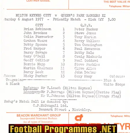 Milton Keynes City v QPR 1977 - Friendly Match
