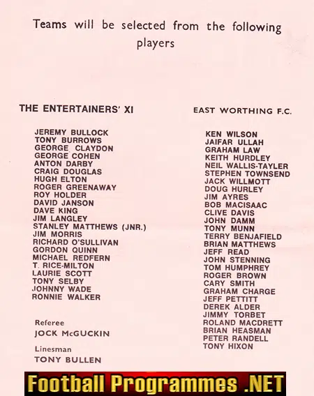 East Worthing v The Entertainers 1970s - Charity Match