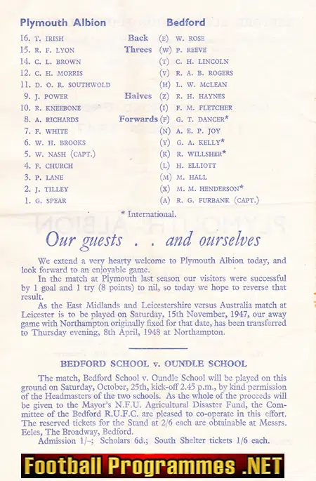 Bedford Rugby v Plymouth Albion 1947 - Goldington Road Ground