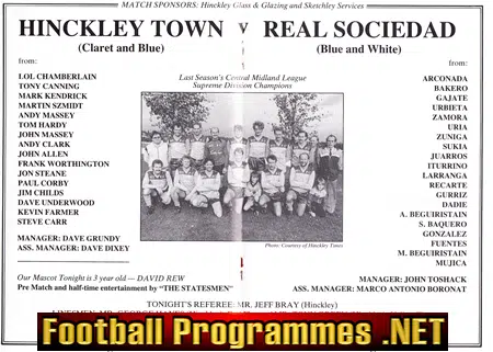 Hinckley Town v Real Sociedad 1987 - Friendly Match Souvenir