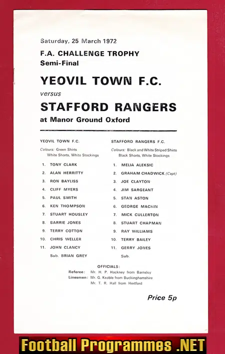 Yeovil Town v Stafford Rangers 1972 Challenge Trophy Semi Final