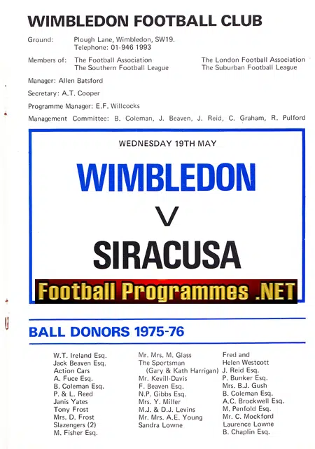 Wimbledon v Siracusa 1976 - Anglo Italian Tournament Italy
