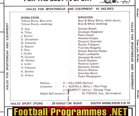 Wimbledon v Siracusa 1976 - Anglo Italian Tournament Italy