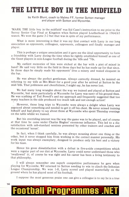 Larry Pritchard Testimonial Benefit Match Brochure Sutton U 1980