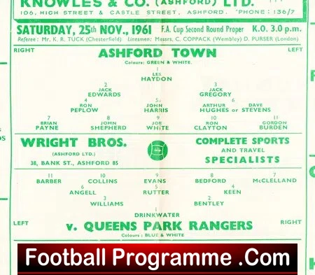 Ashford Town v Queens Park Rangers 1961 - FA Cup - QPR