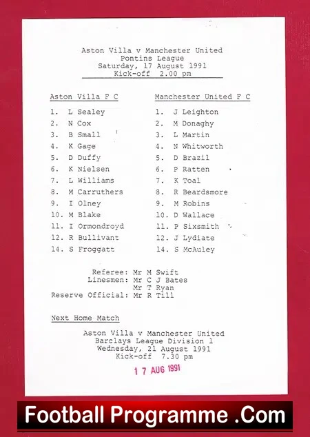 Aston Villa v Manchester United 1991 – Reserves Game