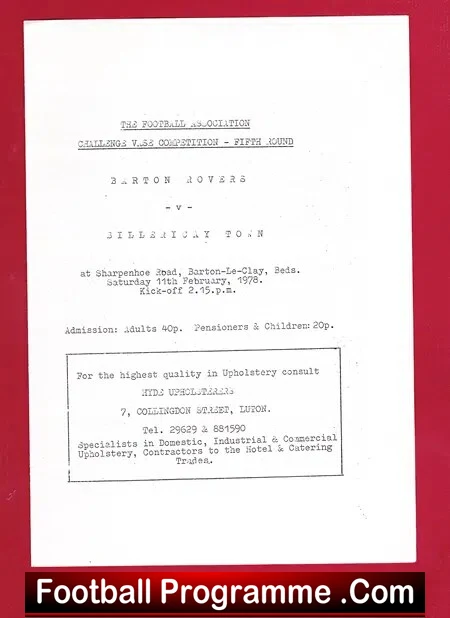 Barton Rovers v Billericay Town 1978 – Challenge Vase
