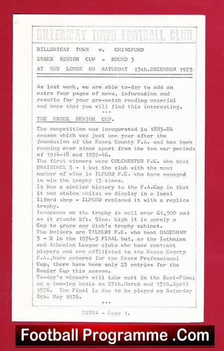 Billericay Town v Chingford Town 1975 Essex Senior Cup New Lodge