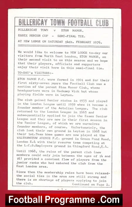 Billericay Town v Eton Manor 1976 – Essex Senior Cup Semi Final