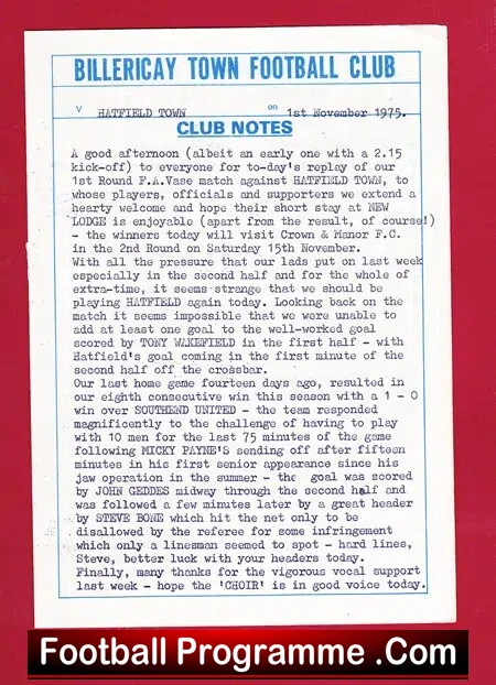 Billericay Town v Hatfield Town 1975