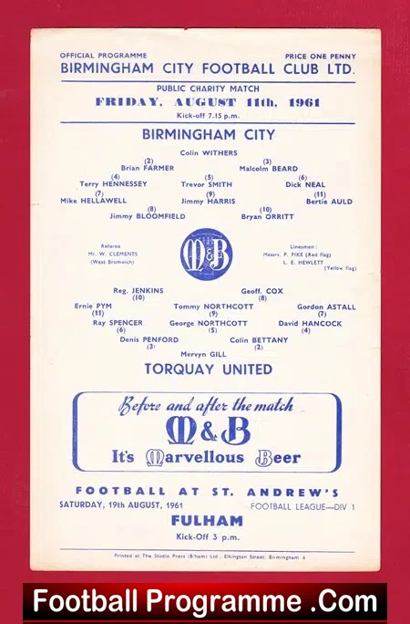 Birmingham City v Torquay United 1961 – Public Charity Match