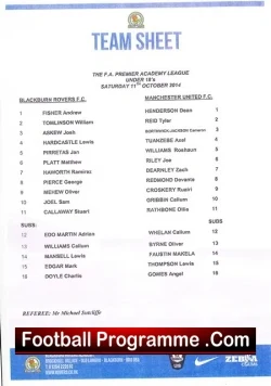 Blackburn Rovers v Manchester United 2014 - Team Sheet - football memorabilia
