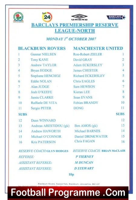 Blackburn Rovers v Manchester United 2007 – Team Sheet Reserves