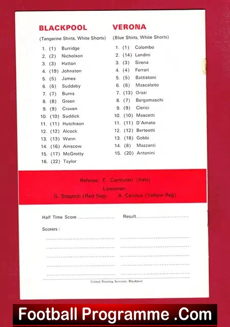 Blackpool v Verona 1971 - Anglo Italian Cup