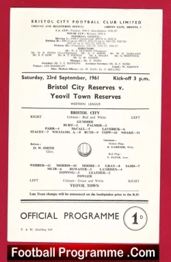 Bristol City v Yeovil Town 1961 - Reserves Match - football programme